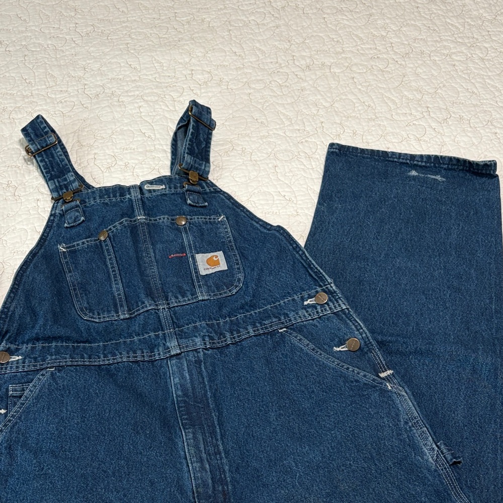 Men’s Carhartt Blue Denim Bib Overalls 38x30 with Flaw